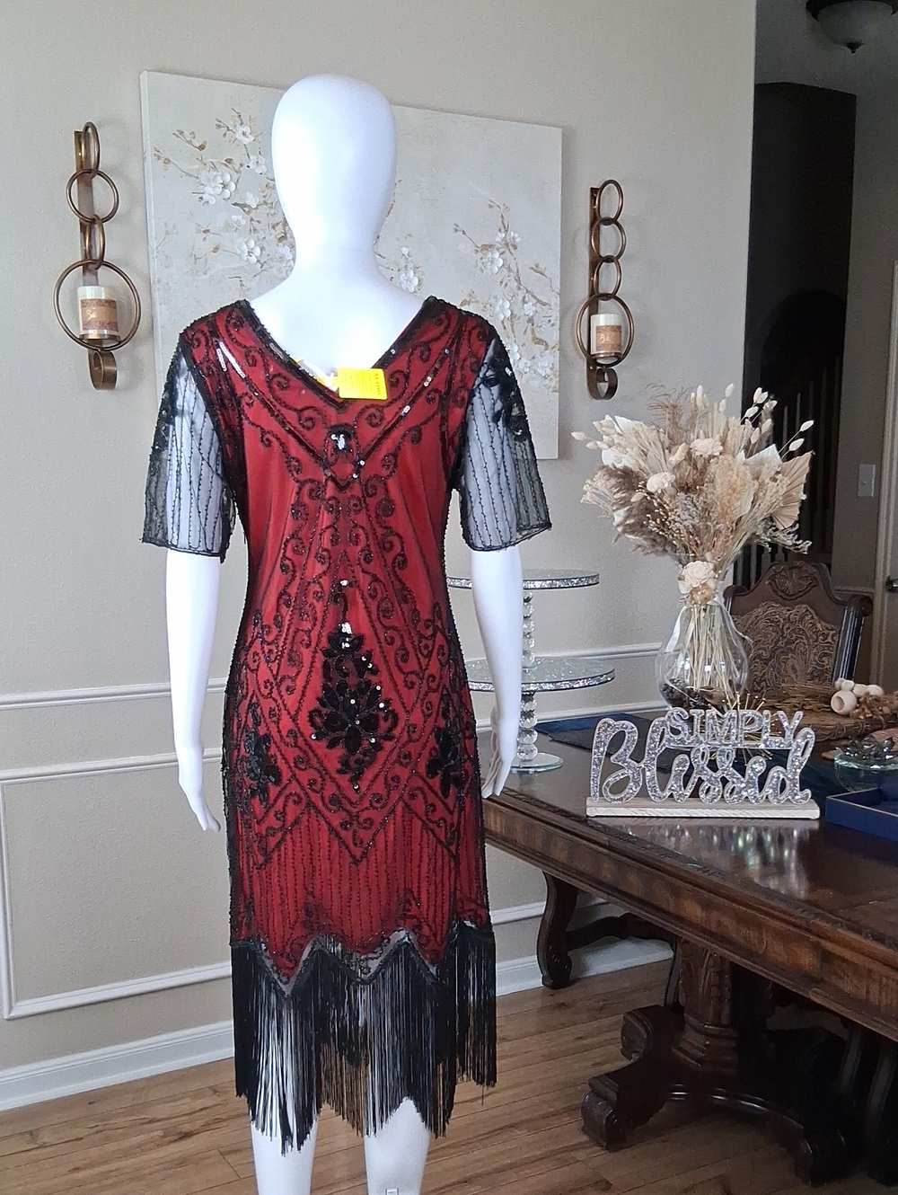 New Women's Red And Black Beaded V-Neck Fringe Cocktail Summer Dress Medium - Picture 8 of 16